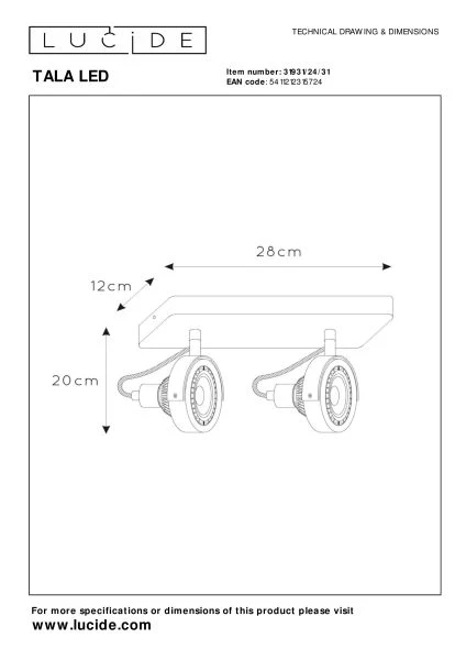 Lucide TALA LED - Plafondspot - LED Dim to warm - GU10 (ES111) - 2x12W 2200K/3000K - Wit - technisch